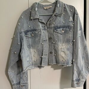 Peach Love California Light Blue Pearl Studded Jean Jacket